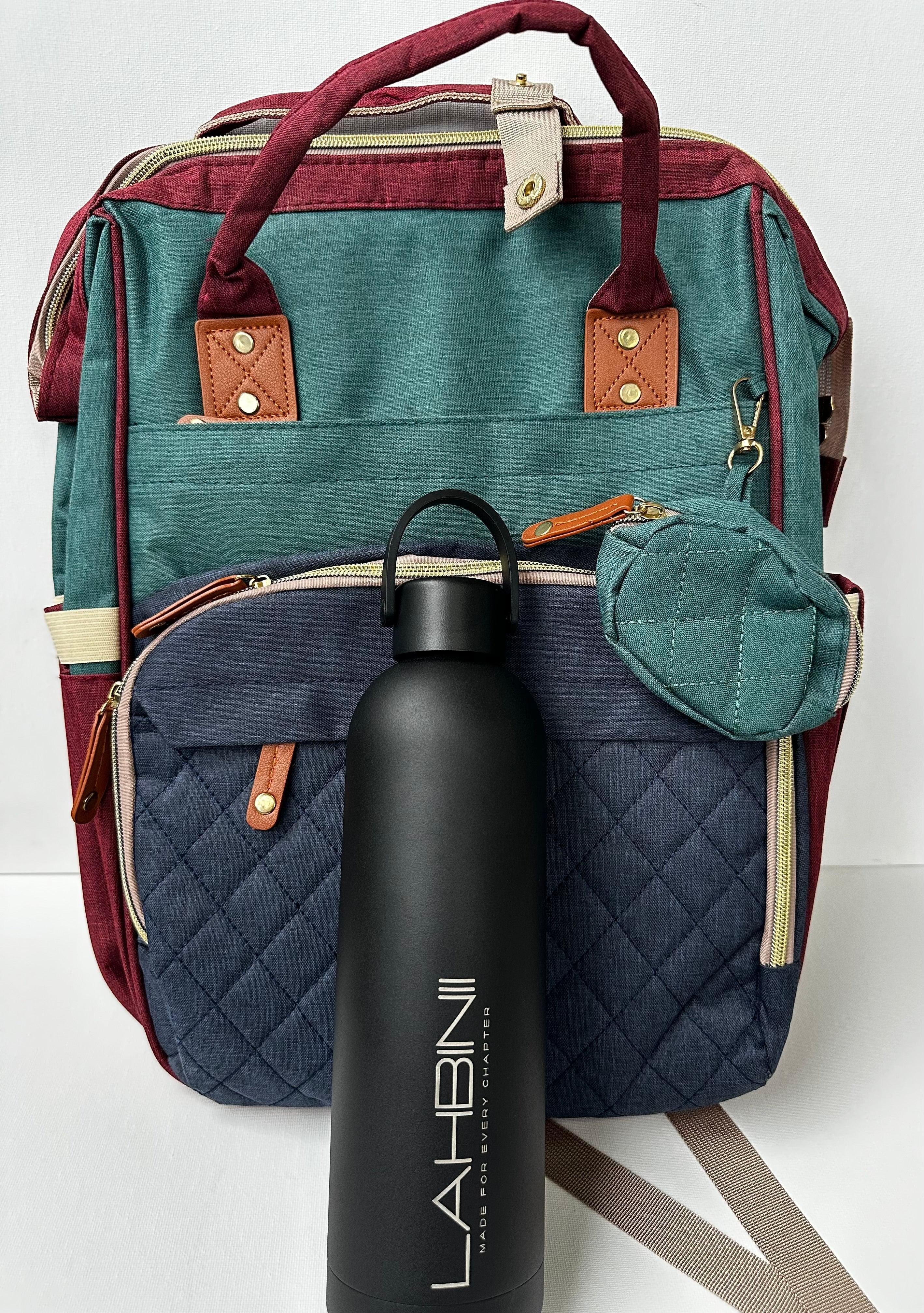 Lahbinii multipurpose diaper backpack with matching bottle, featuring pockets and stylish design for parents on the go.