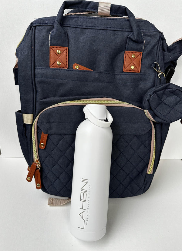Lahbinii multipurpose diaper backpack in gray with a matching bottle, featuring spacious compartments and stylish design.