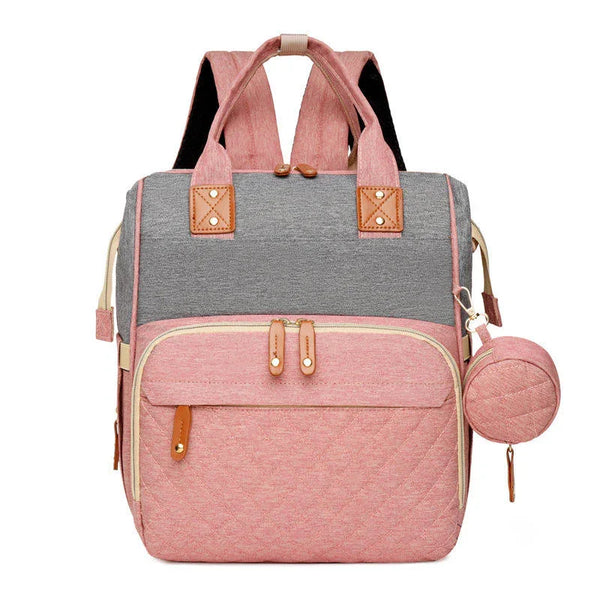 Lahbinii grey pink multipurpose diaper backpack with multiple pockets and ergonomic design, ideal for parents on the go.