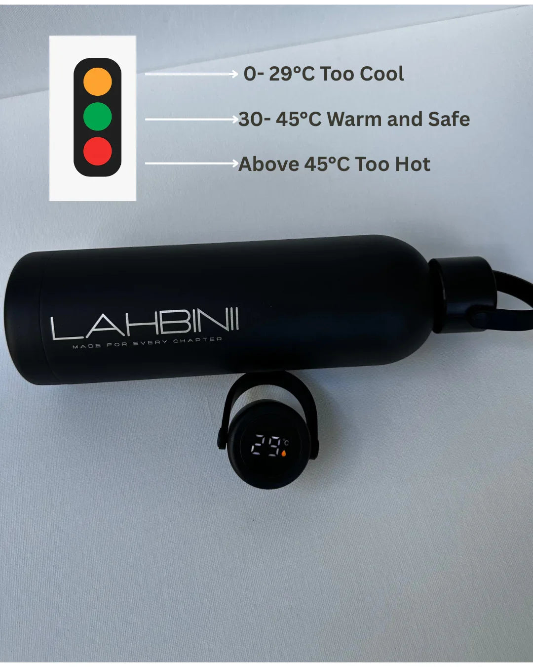 Lahbinii QuickFormula LED Thermos Bottle in black with a sleek design and illuminated temperature display.