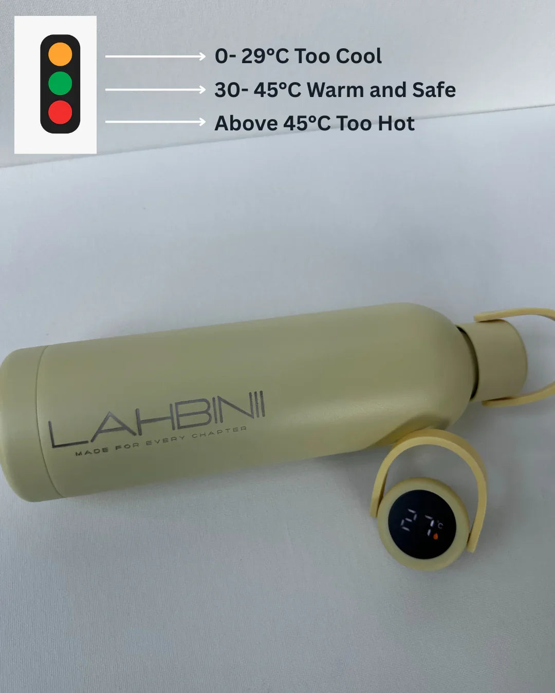 Lahbinii QuickFormula LED thermos bottle in cream color with a sleek design and illuminated temperature display.